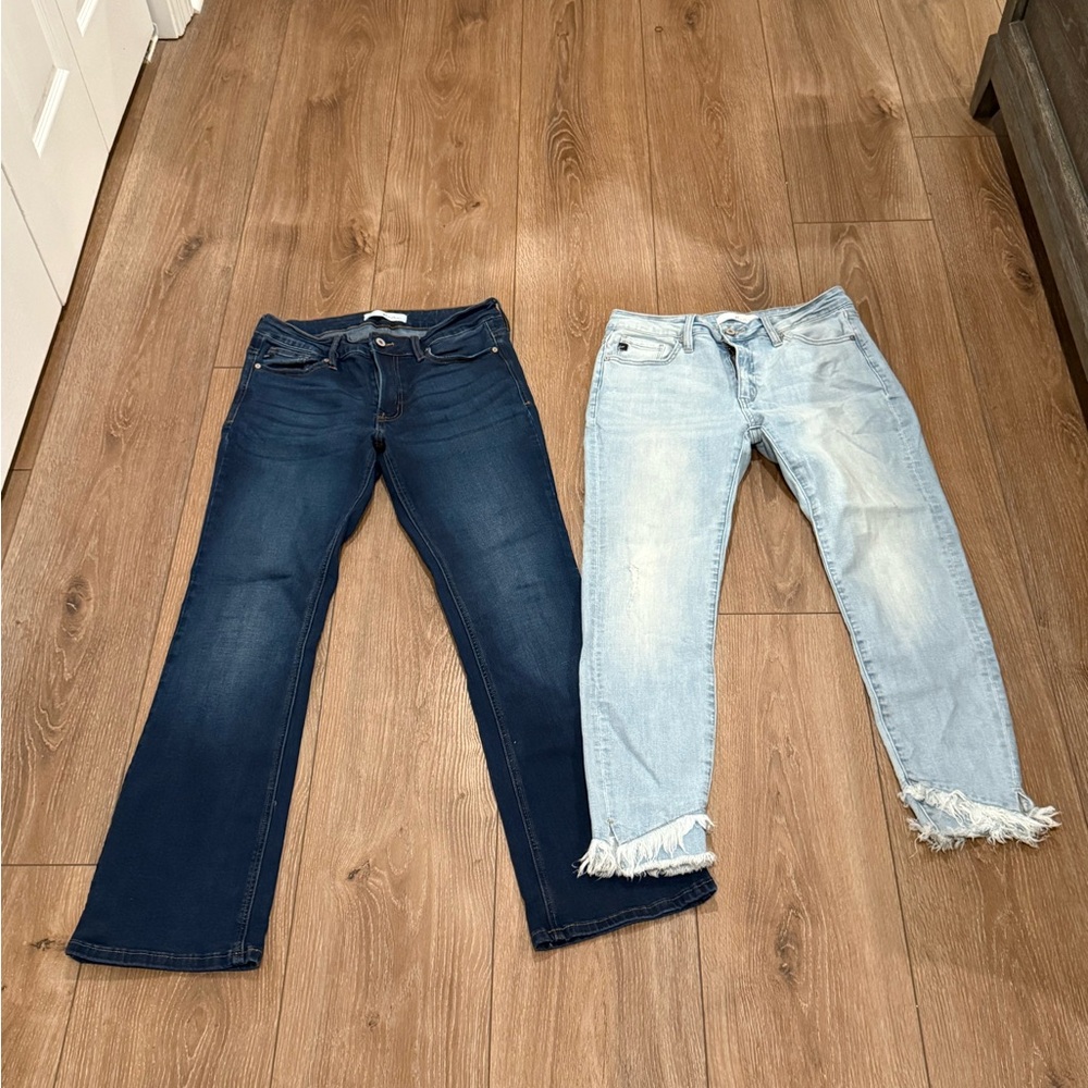 KanCan Dark Blue and Light Wash Women's Flare Jeans and cropped fringe jeans.
